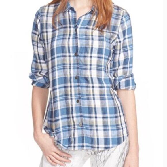 NEW Current / Elliot 100% Linen Picnic Plaid Slim Boy Shirt Blue Summer Vacation - Picture 1 of 8